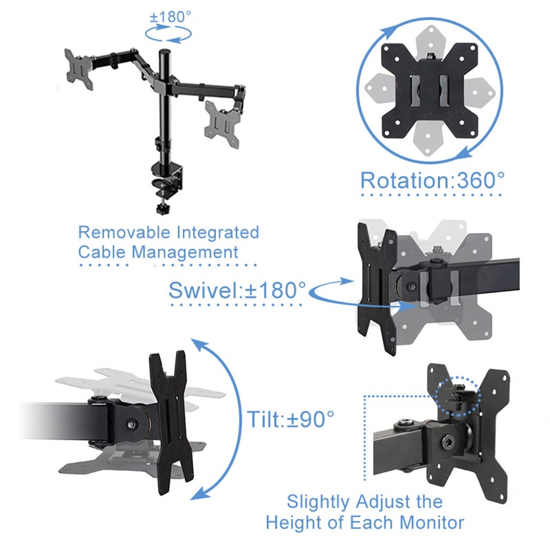 Rocelco Premium Desk Computer Monitor Mount - Standard Pattern Fits 13" - 27" LED LCD Dual Flat Screen - Double Articulated Full Motion Adjustable Arm - Grommet and C Clamp - Black (R DM2) - Image 4